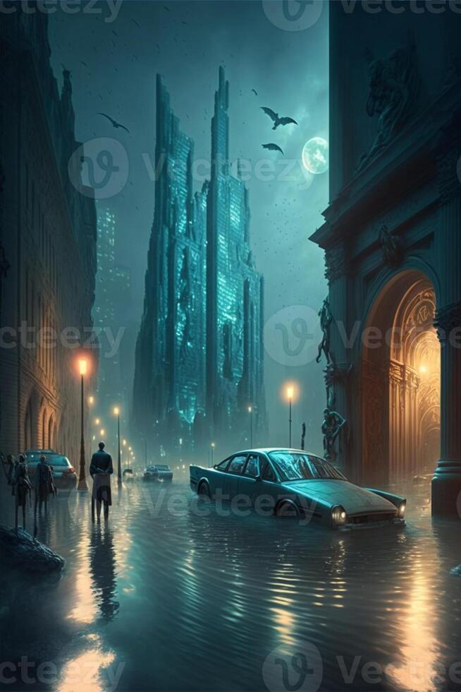 car driving down a wet street next to tall buildings. . photo