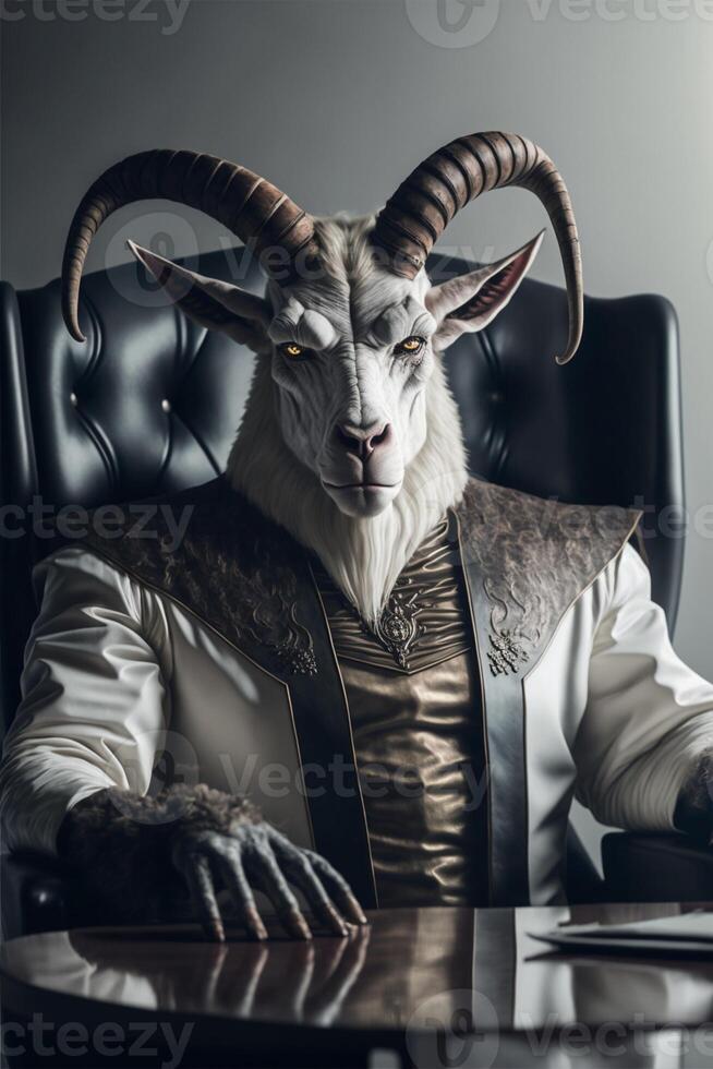 goat that is sitting in a chair. . photo