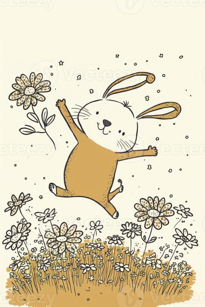 drawing of a rabbit in a field of flowers. . photo