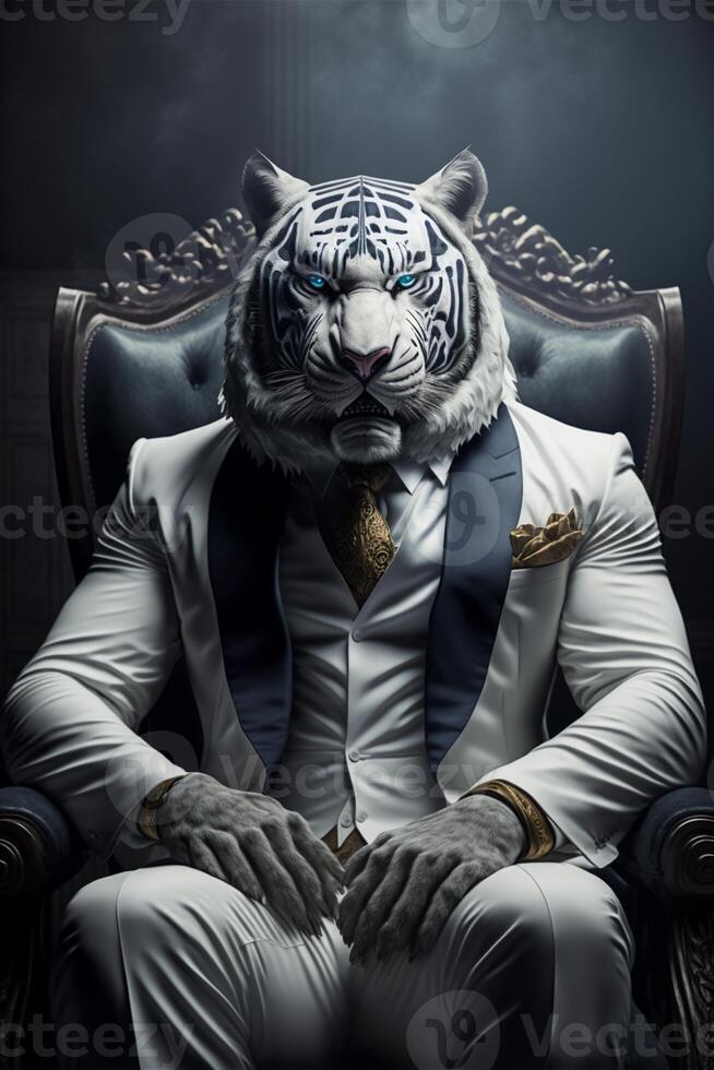 tiger in a suit sitting in a chair. . photo