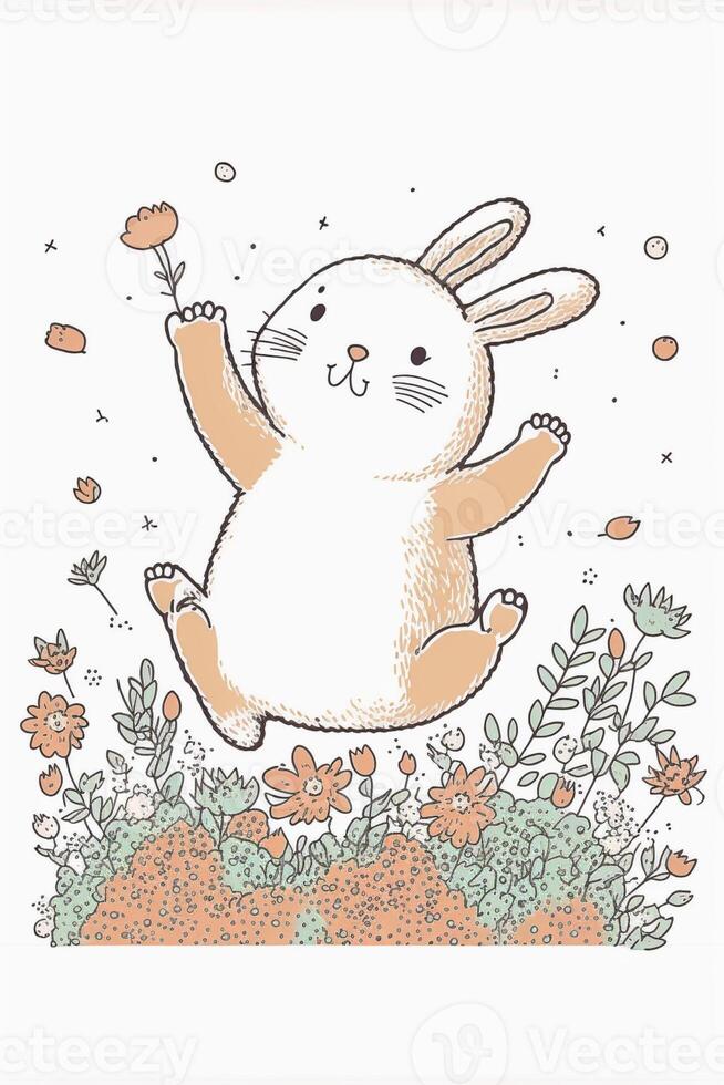 drawing of a rabbit in a field of flowers. . photo