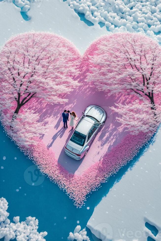 couple standing next to a car in the shape of a heart. . photo