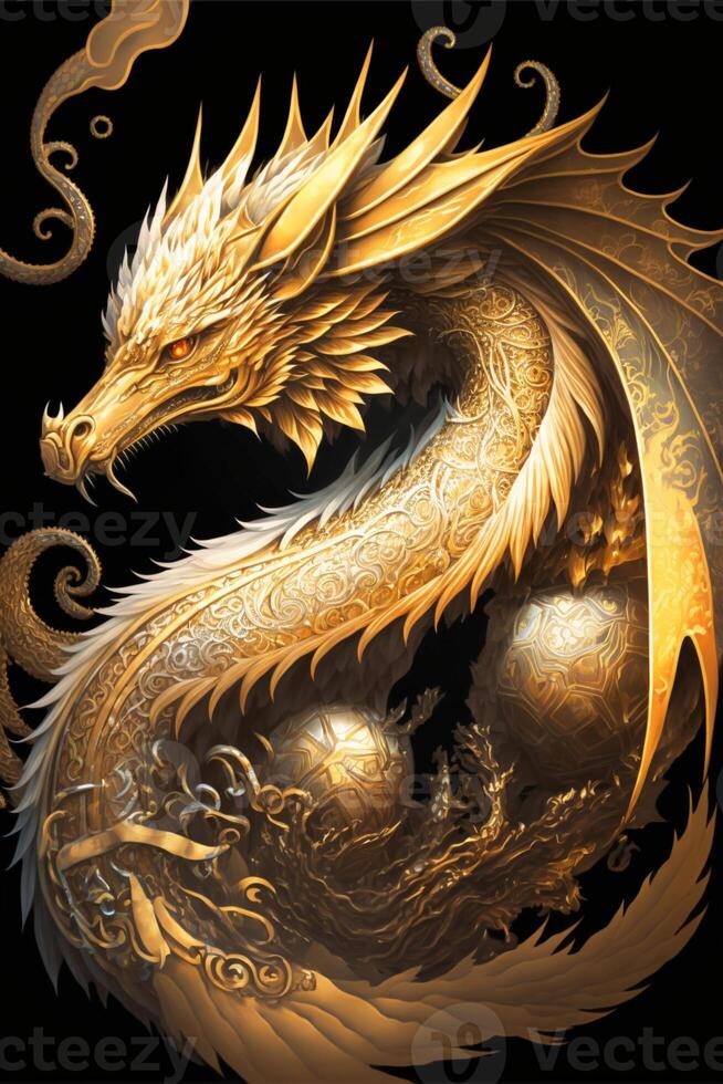 golden dragon on a black background. . photo