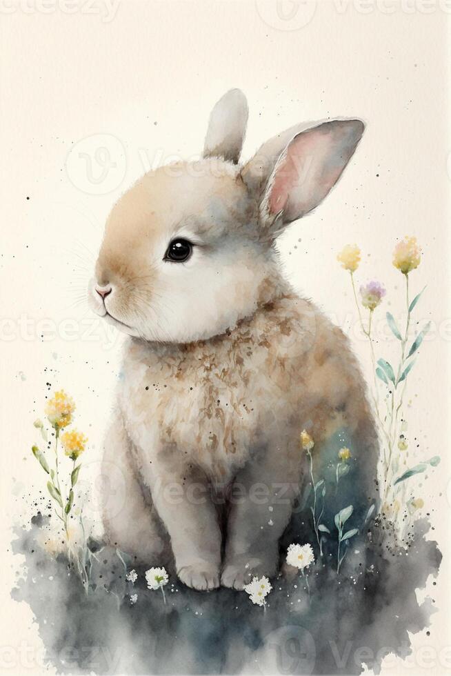 watercolor painting of a rabbit sitting in the grass. . photo