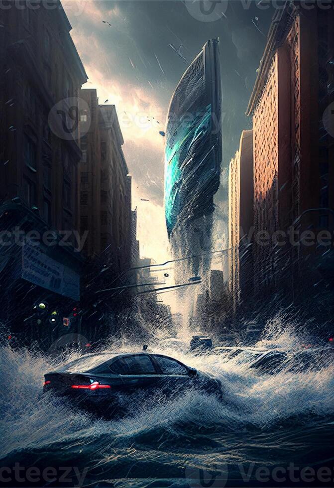 car driving through a flooded city at night. . photo