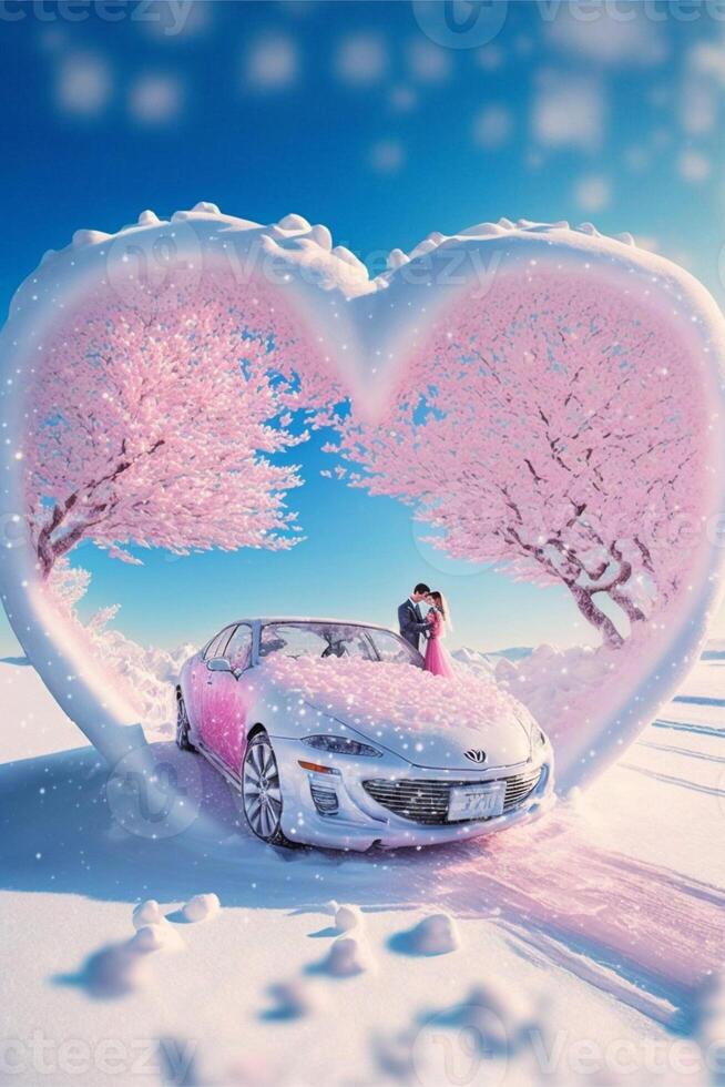 couple standing next to a car in the shape of a heart. . photo