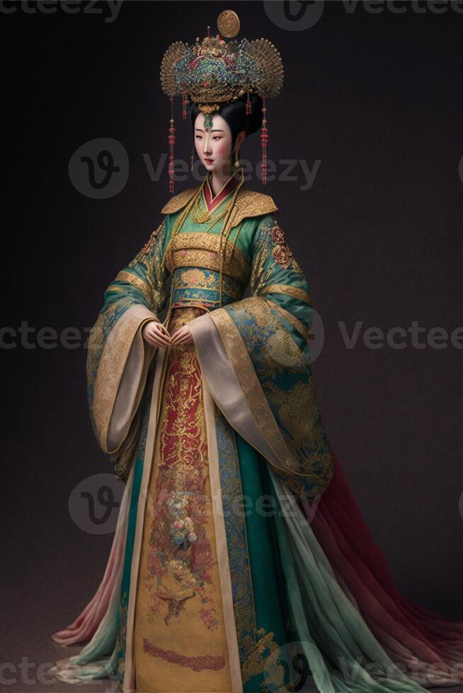 woman in a traditional chinese dress poses for a picture. . photo