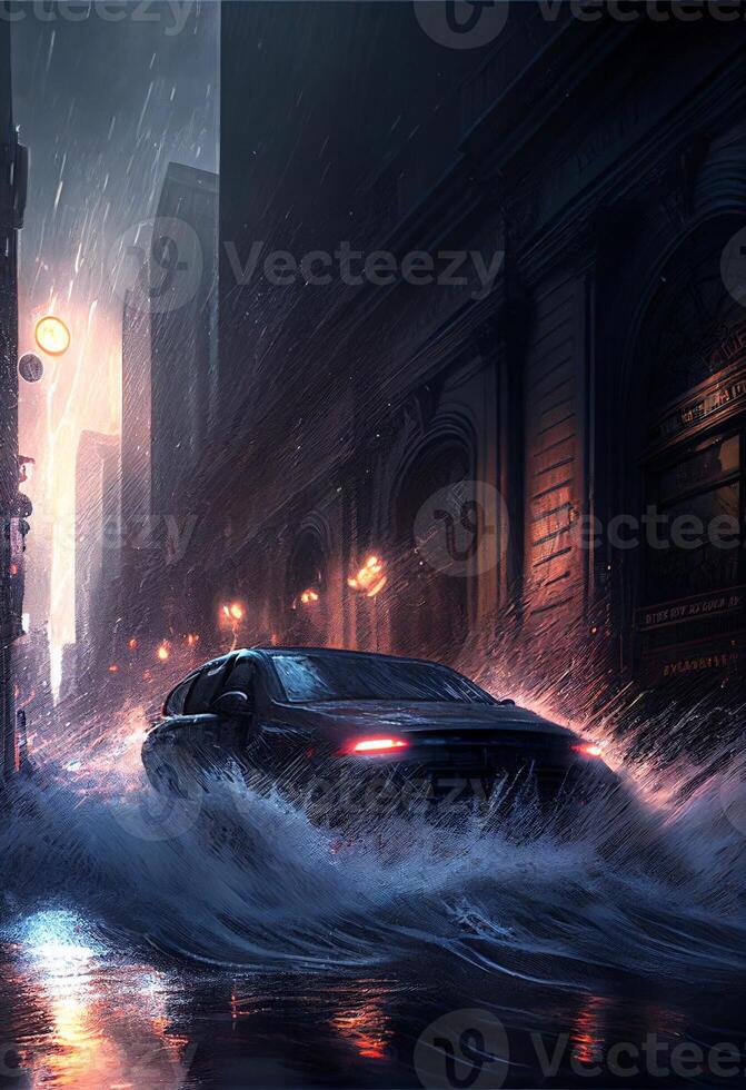 car driving through a flooded city at night. . photo