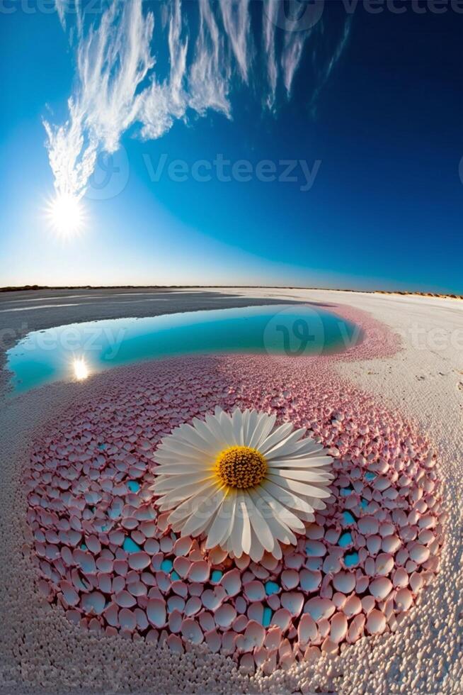 grande blanco flor sentado en parte superior de un arenoso playa. generativo ai foto