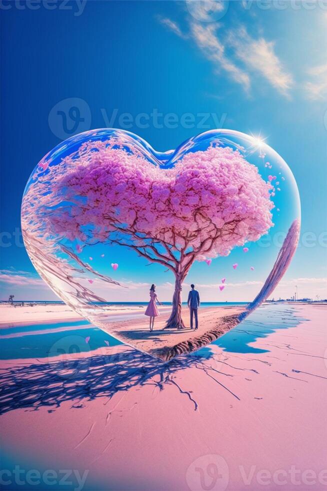 man and a woman standing in front of a heart shaped tree. . photo