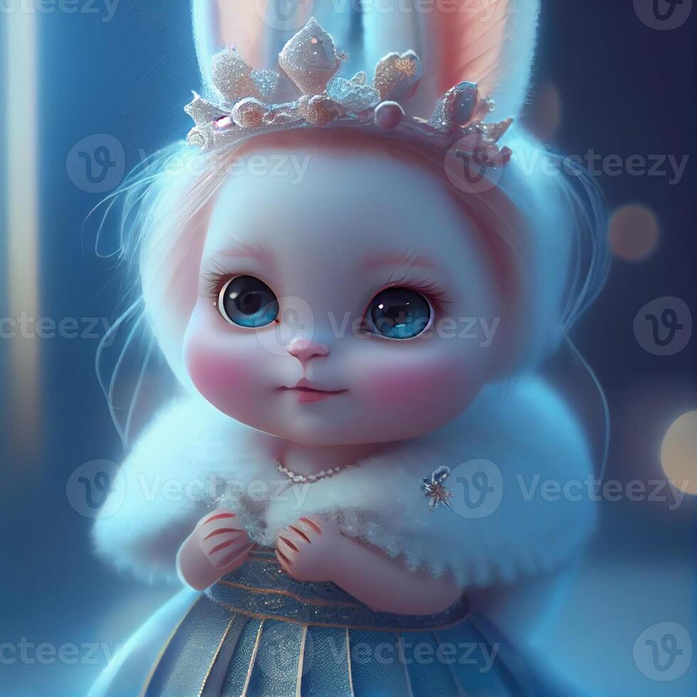 cute cute little bunny doll dressed as snow Queen. . photo