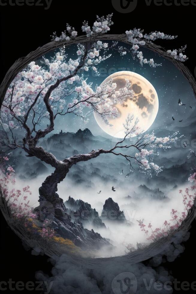 landscape under the moon a plum blossom. . photo