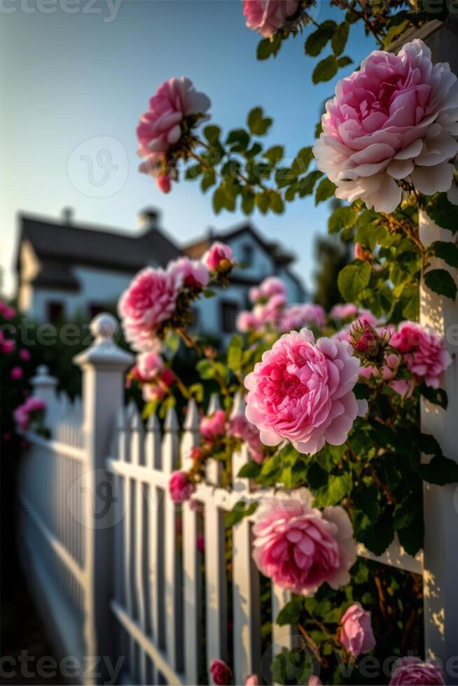 Lush pink rose flowers in bloom. . photo