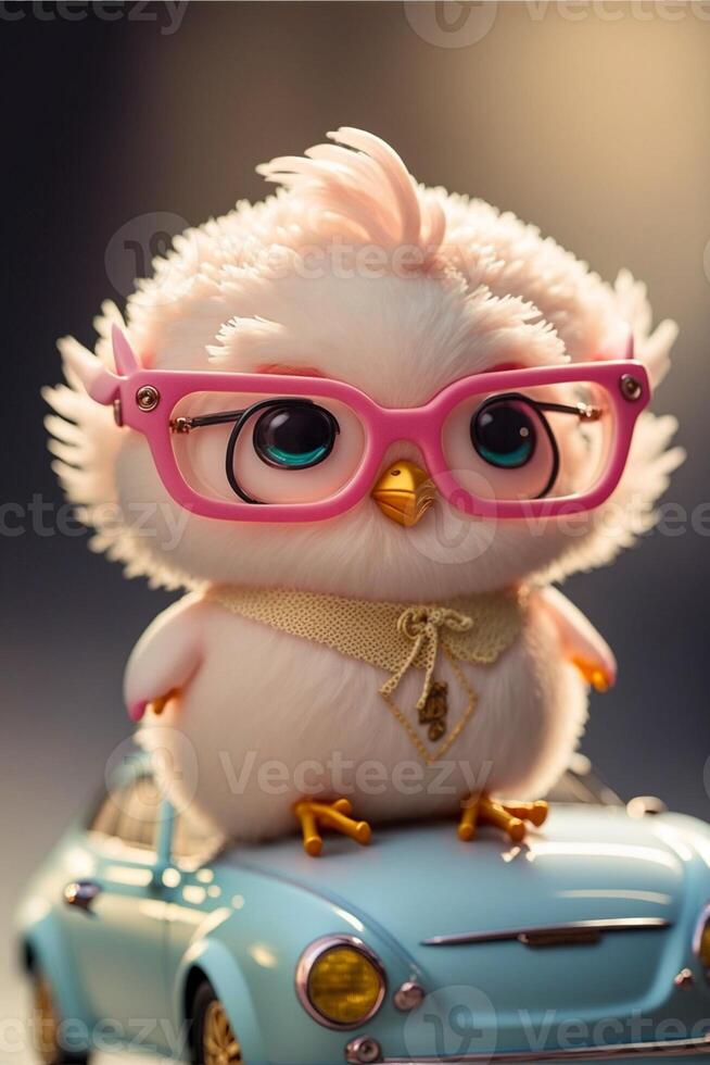 Pixar style A super cute and happy white fairy chicken. . photo