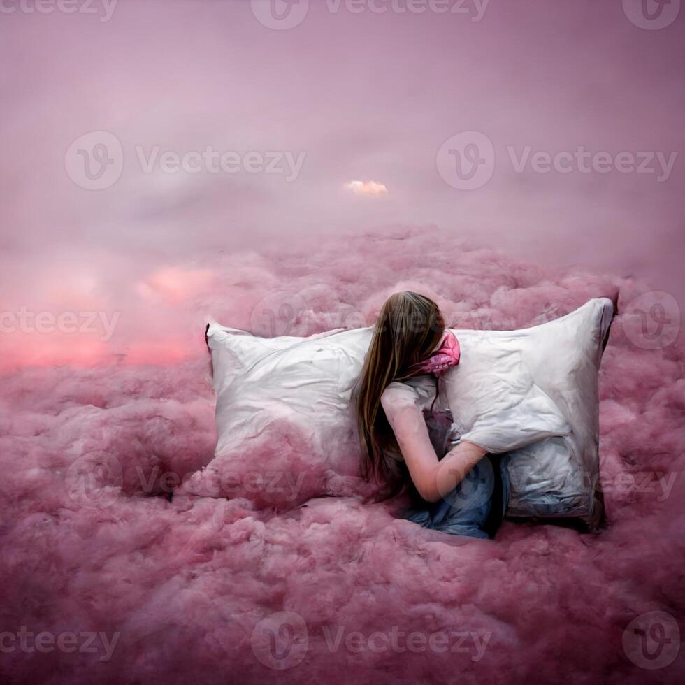woman sitting on top of a bed covered in pink clouds. . photo