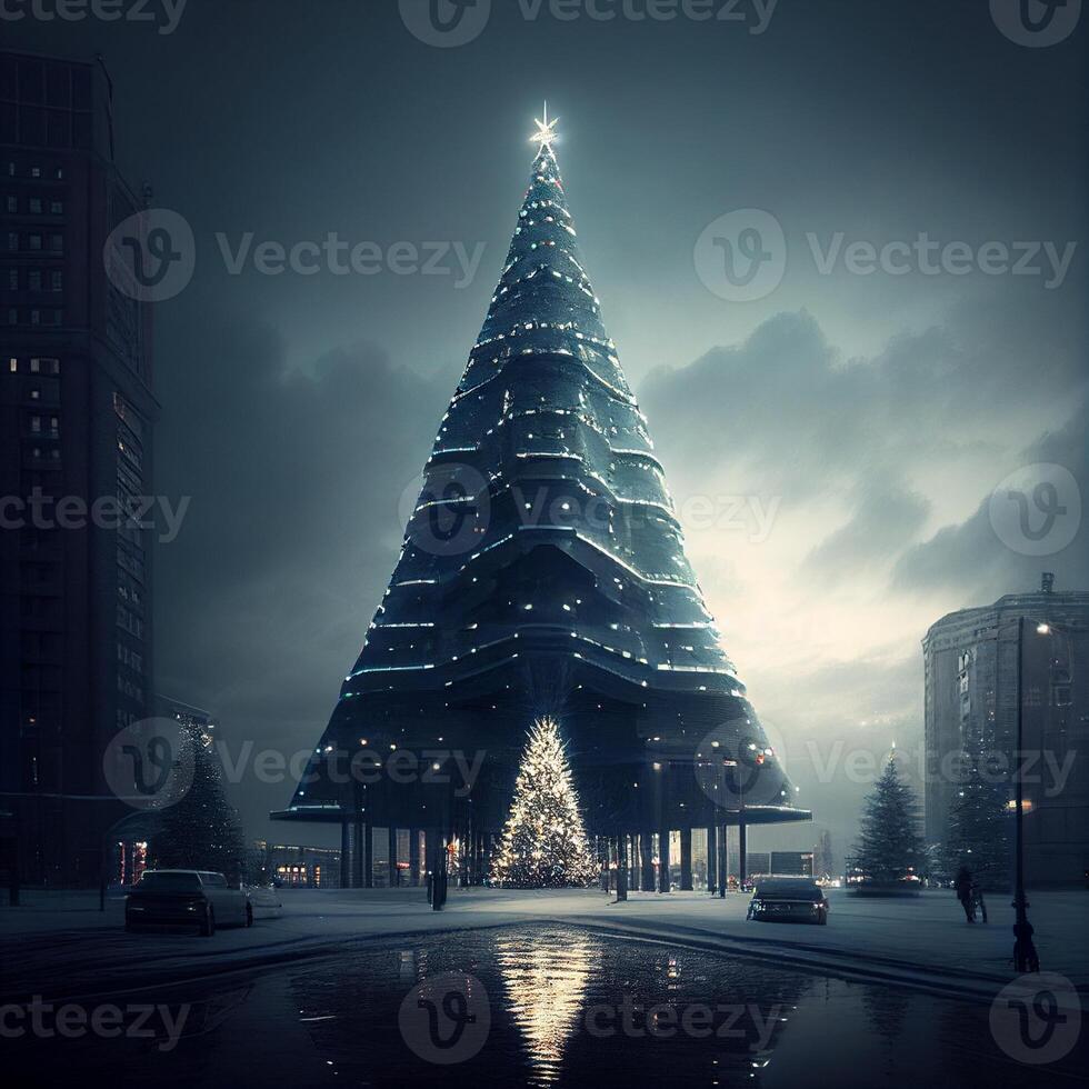 large christmas tree in the middle of a city. . photo