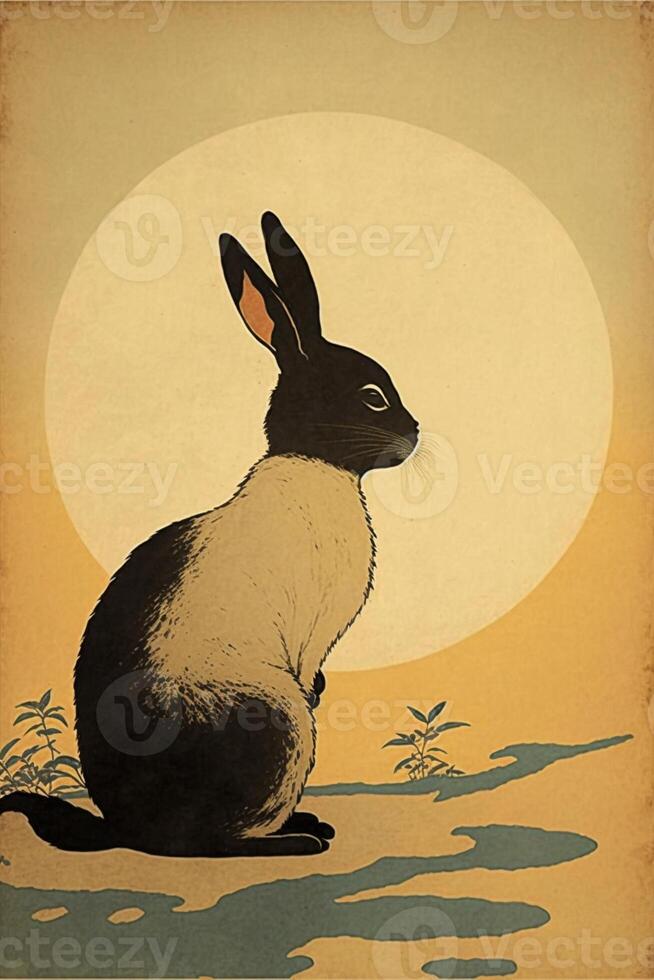 black and white rabbit sitting in front of a full moon. . photo