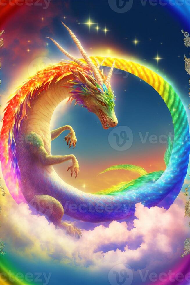 rainbow colored dragon flying through a cloudy sky. . photo