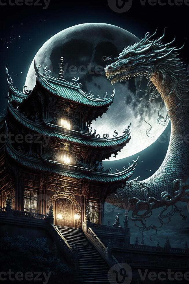 dragon statue in front of a building with a full moon in the background. . photo