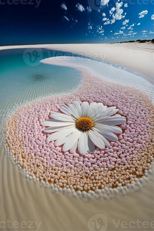 blanco flor sentado en parte superior de un arenoso playa. generativo ai. foto