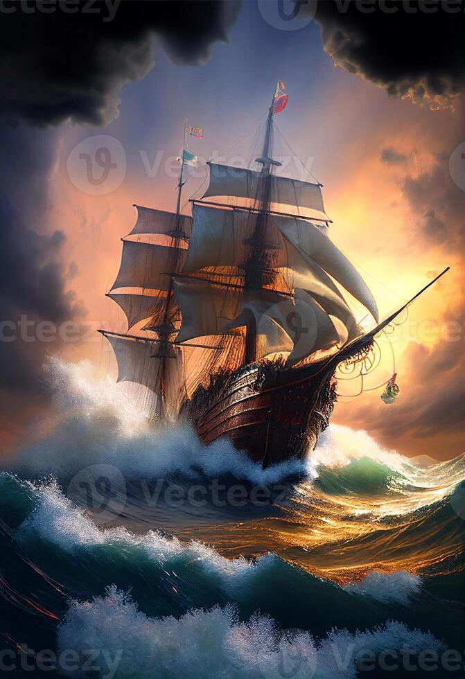 painting of a ship in a large body of water. . photo