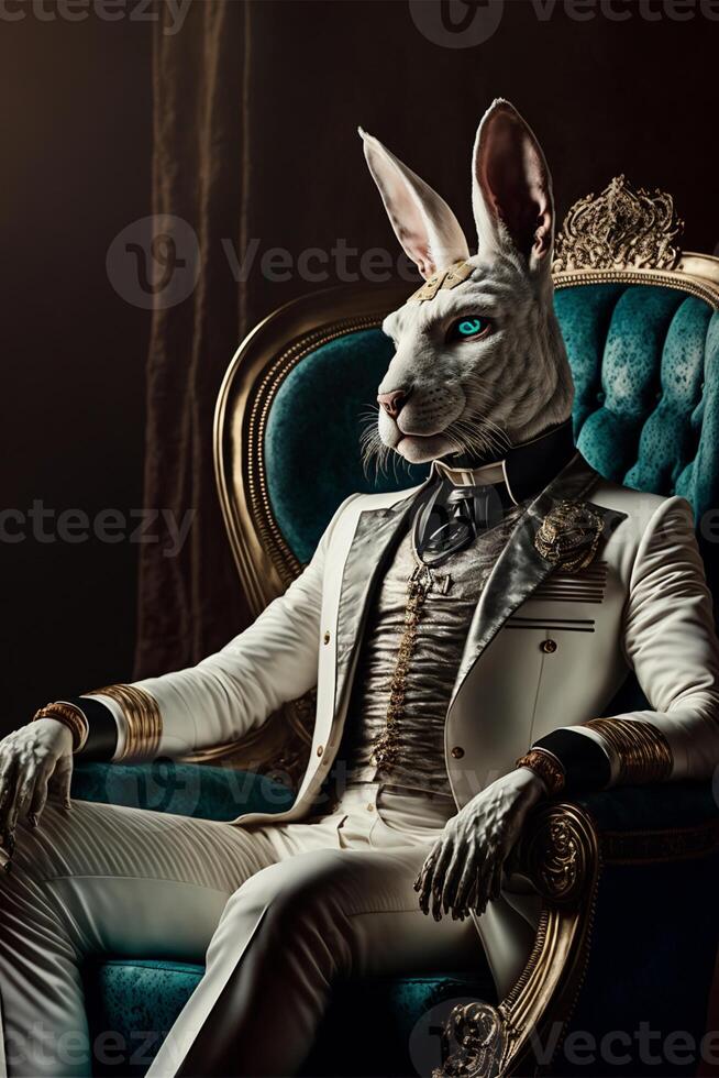 man in a rabbit suit sitting in a chair. . photo