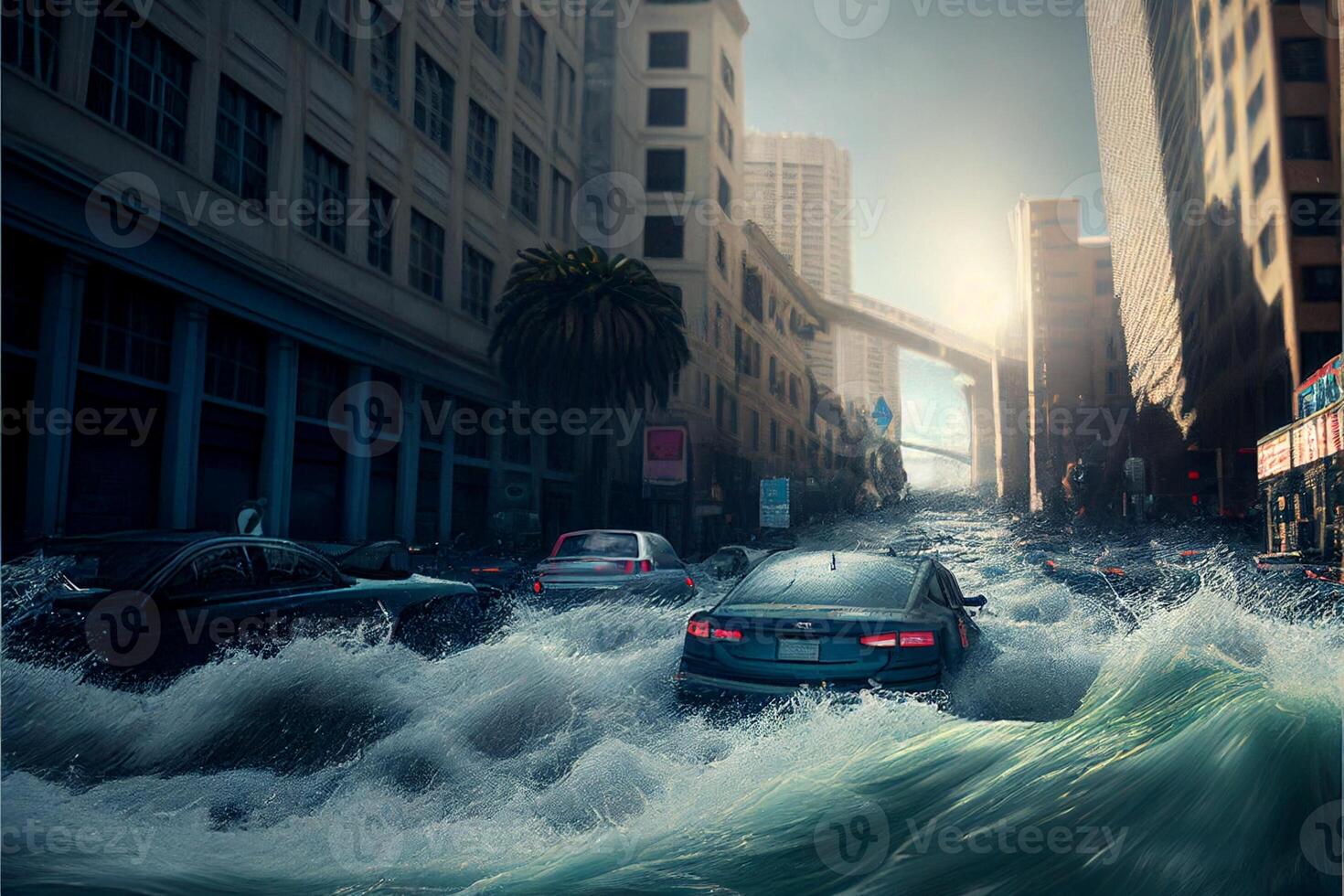 city street filled with lots of traffic next to tall buildings. . photo