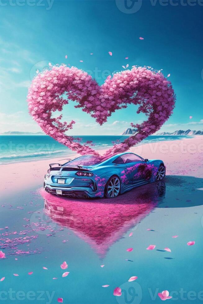 car in the shape of a heart on a beach. . photo