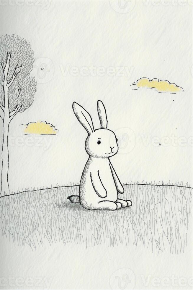 drawing of a rabbit in a field of flowers. . photo
