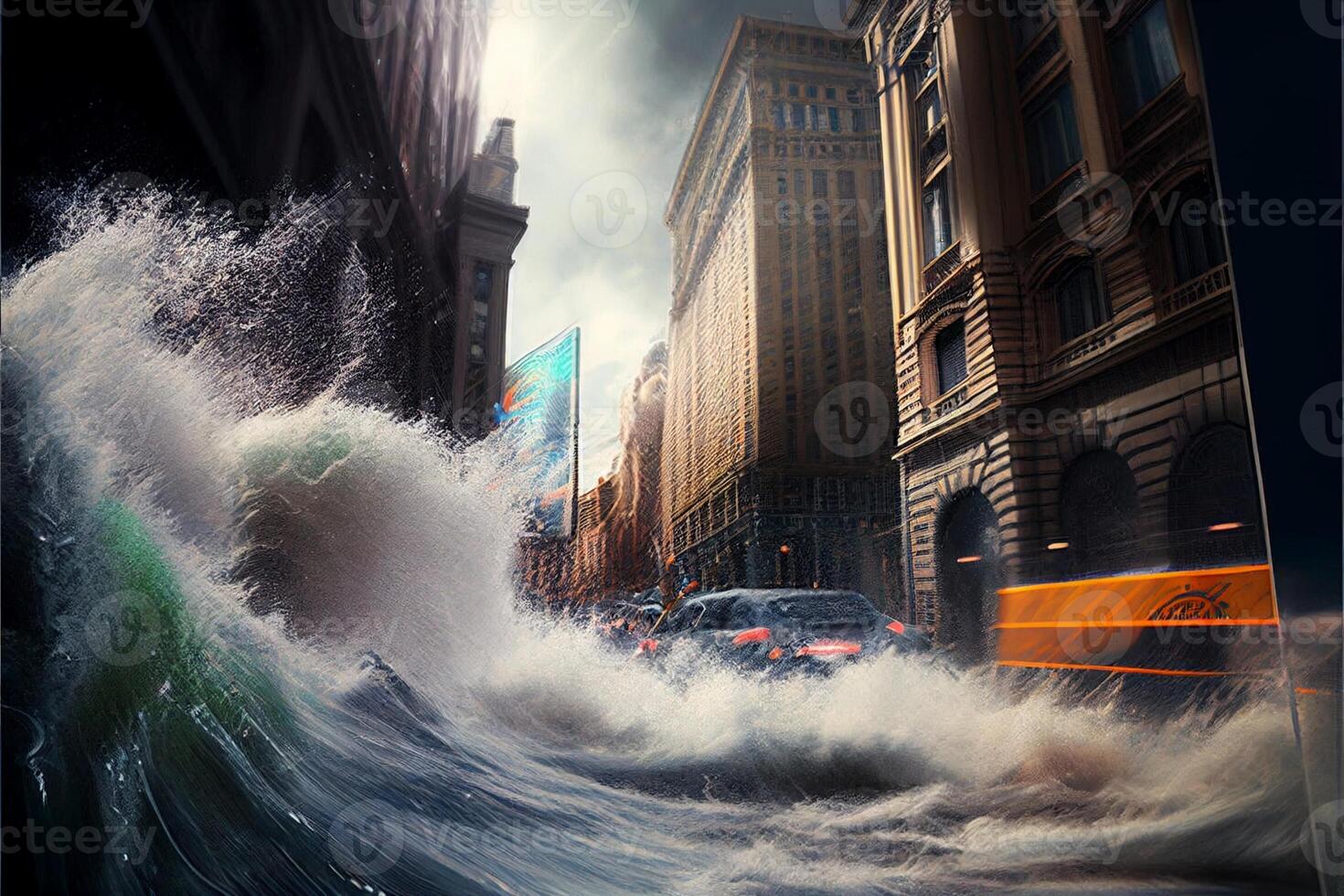 large wave in the middle of a city at night. . photo