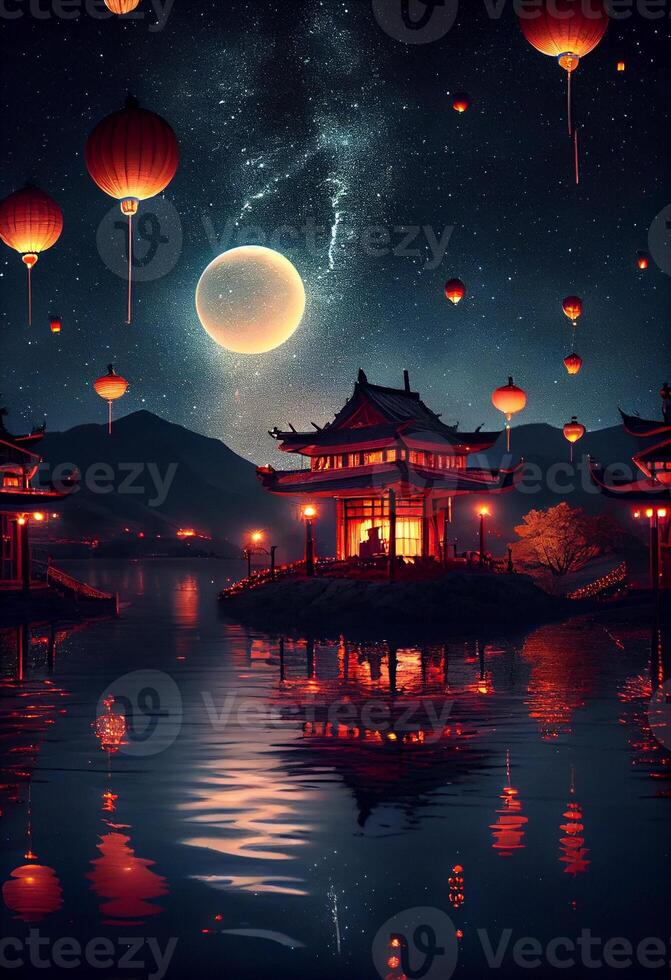group of lanterns floating on top of a body of water. . photo