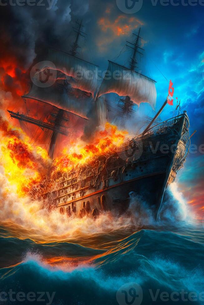 ship that is on fire in the ocean. . photo