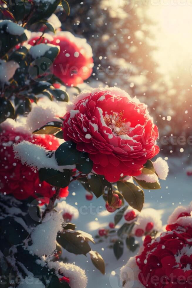 Many tall red camellias covered with transparent snow. . photo