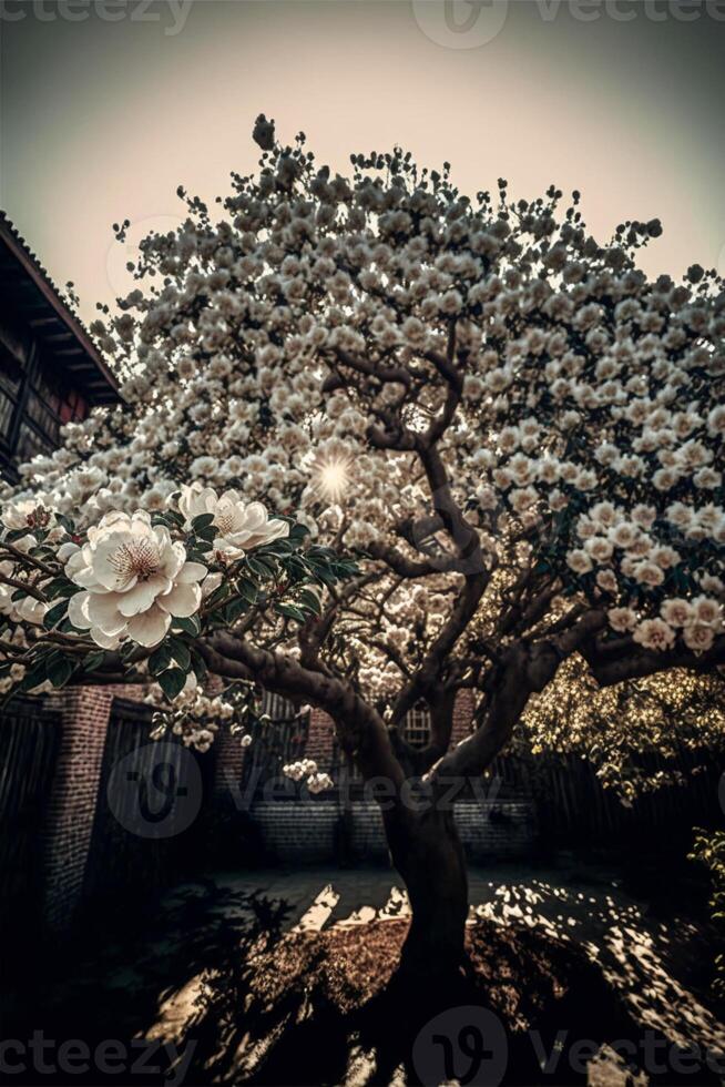 A camellia tree in full bloom. . photo