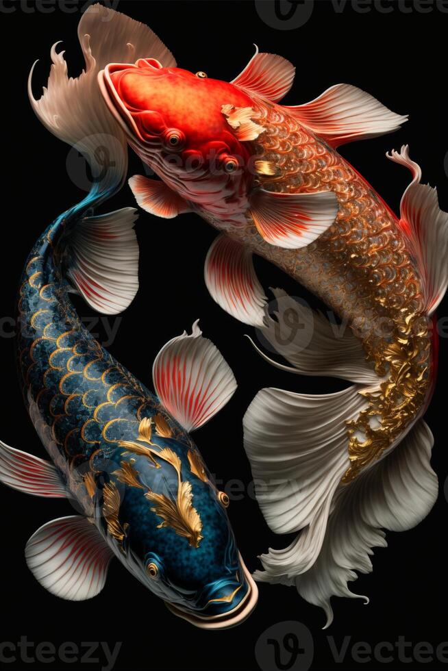 tradicional chino estilo azul y blanco koi pez. generativo ai. foto