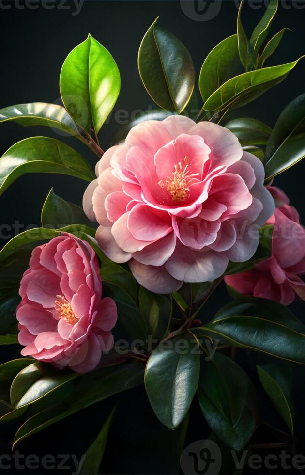 Pink camellias on the branches. . photo