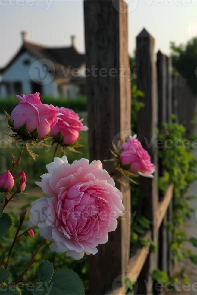 Lush pink rose flowers in bloom. . photo