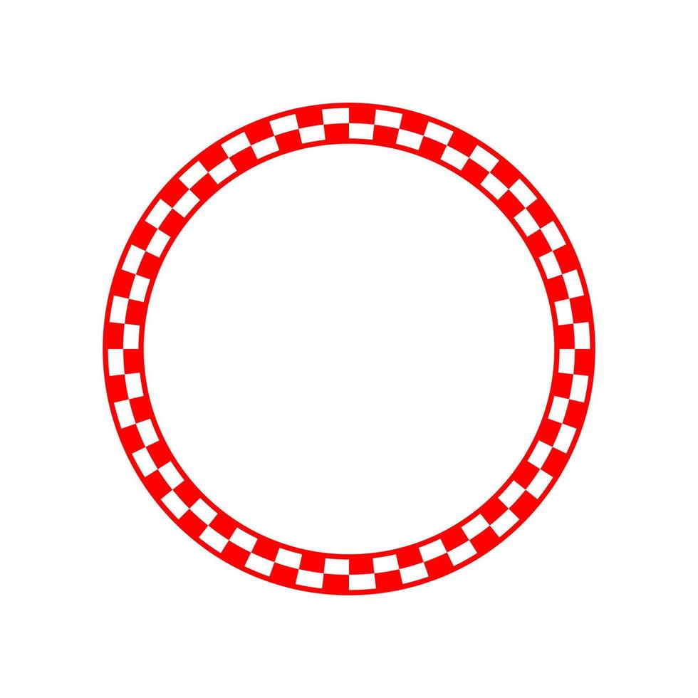 Red and white checkered circle frame vector art. Chequered round border with alternating square tiles.