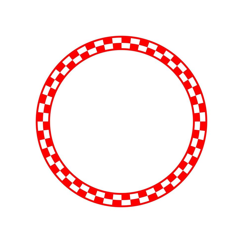 Red and white checkered circle frame vector art. Chequered round border with alternating square tiles.