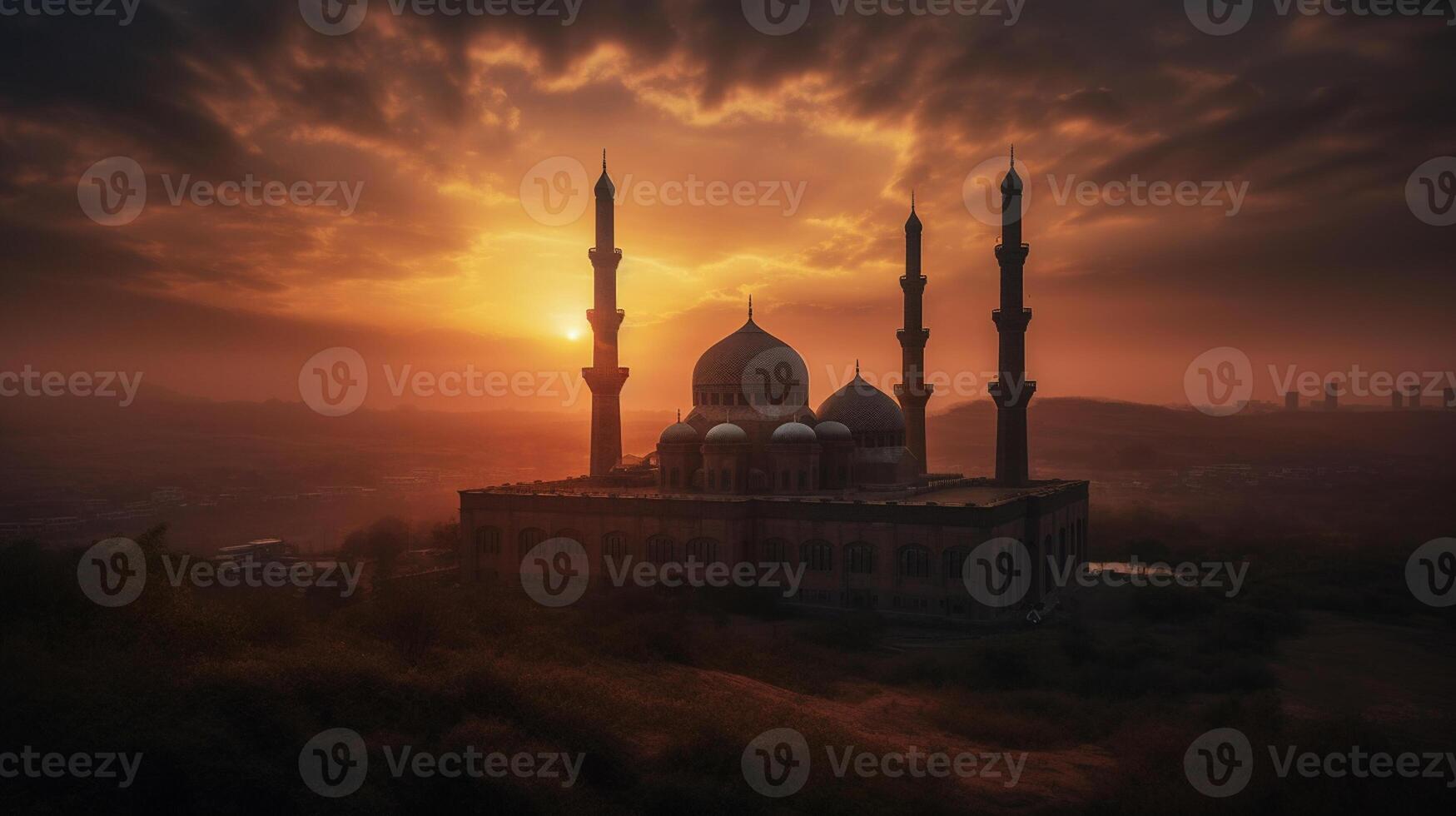 ai generativo mezquitas Hazme silueta en oscuro oro crepúsculo cielo en noche con creciente Luna en puesta de sol. árabe, eid al adha, mubarak musulmán concepto foto