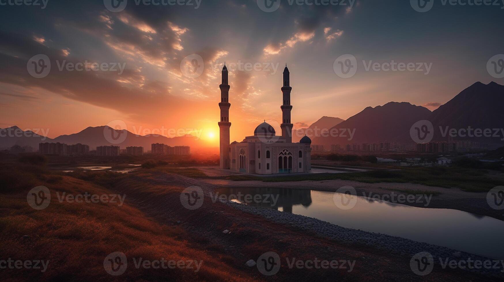 Mosques Dome silhouette on dark gold twilight sky in night with Crescent Moon on sunset. arabic,Eid al-adha,mubarak Muslim concept photo