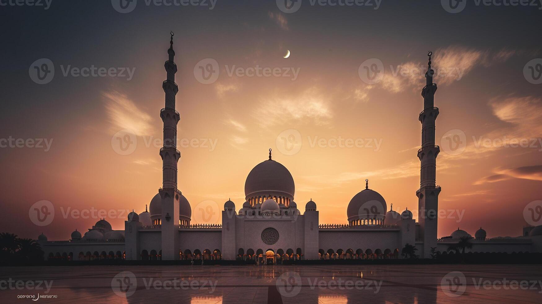 ai generativo mezquitas Hazme silueta en oscuro oro crepúsculo cielo en noche con creciente Luna en puesta de sol. árabe, eid al adha, mubarak musulmán concepto foto