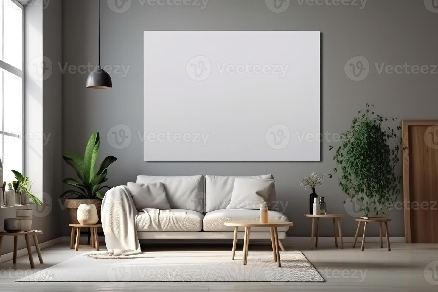 Blank White Canvas Inside of a Living Room for a Wall Art Mockup Illustration with photo