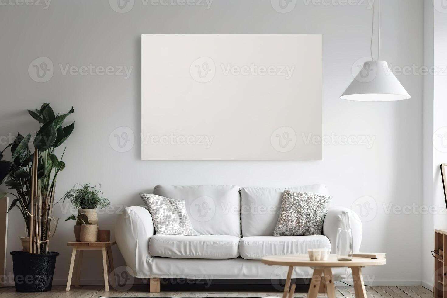 Blank White Canvas Inside of a Living Room for a Wall Art Mockup Illustration with photo