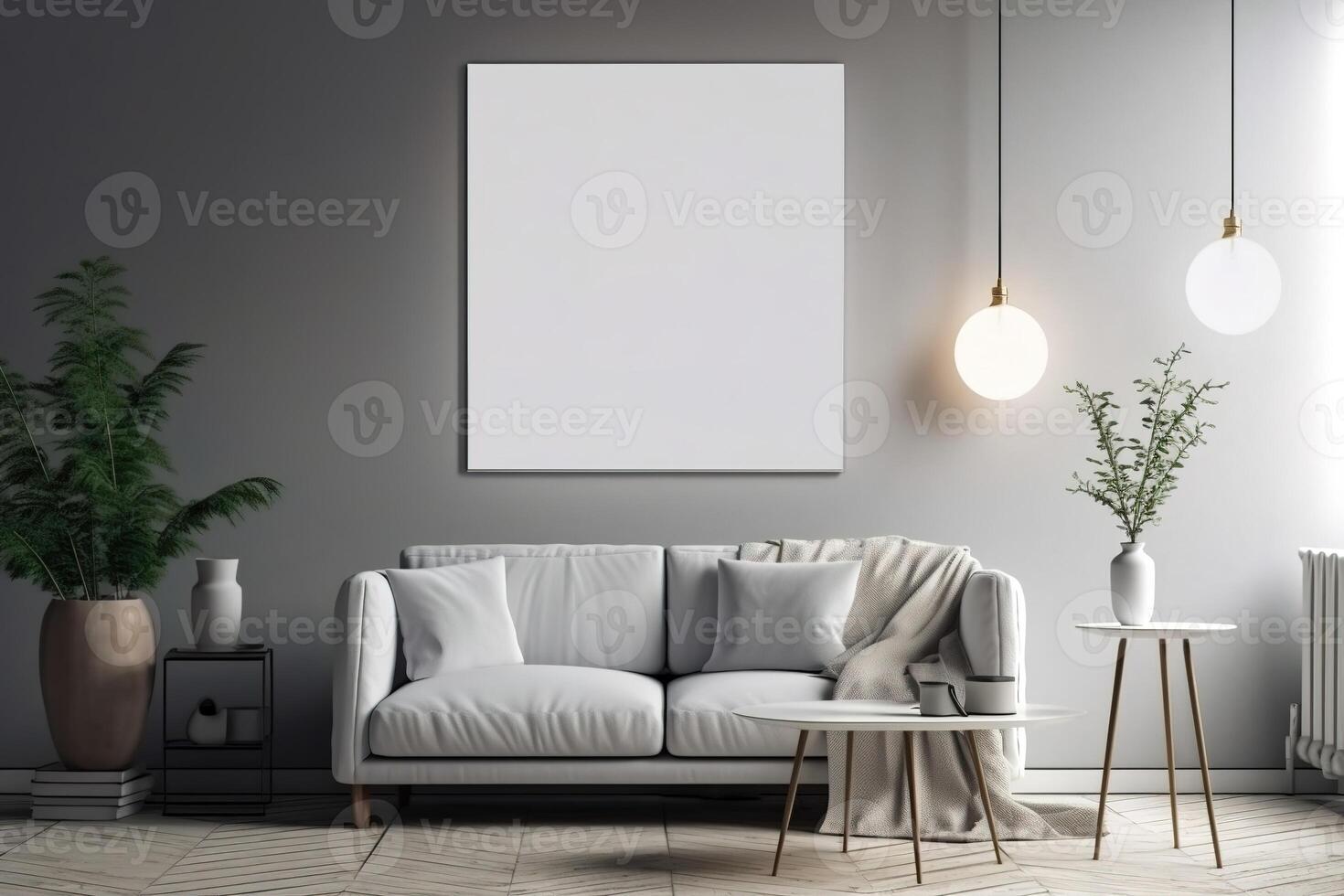 Blank White Canvas Inside of a Living Room for a Wall Art Mockup Illustration with photo
