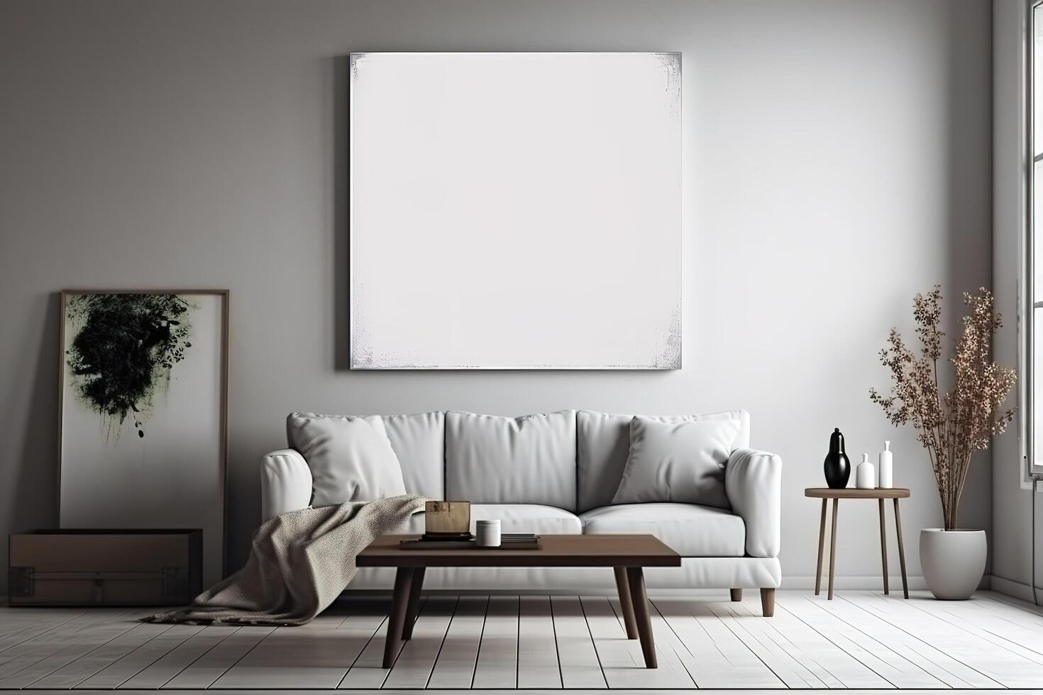 Blank White Canvas Inside of a Living Room for a Wall Art Mockup Illustration with photo