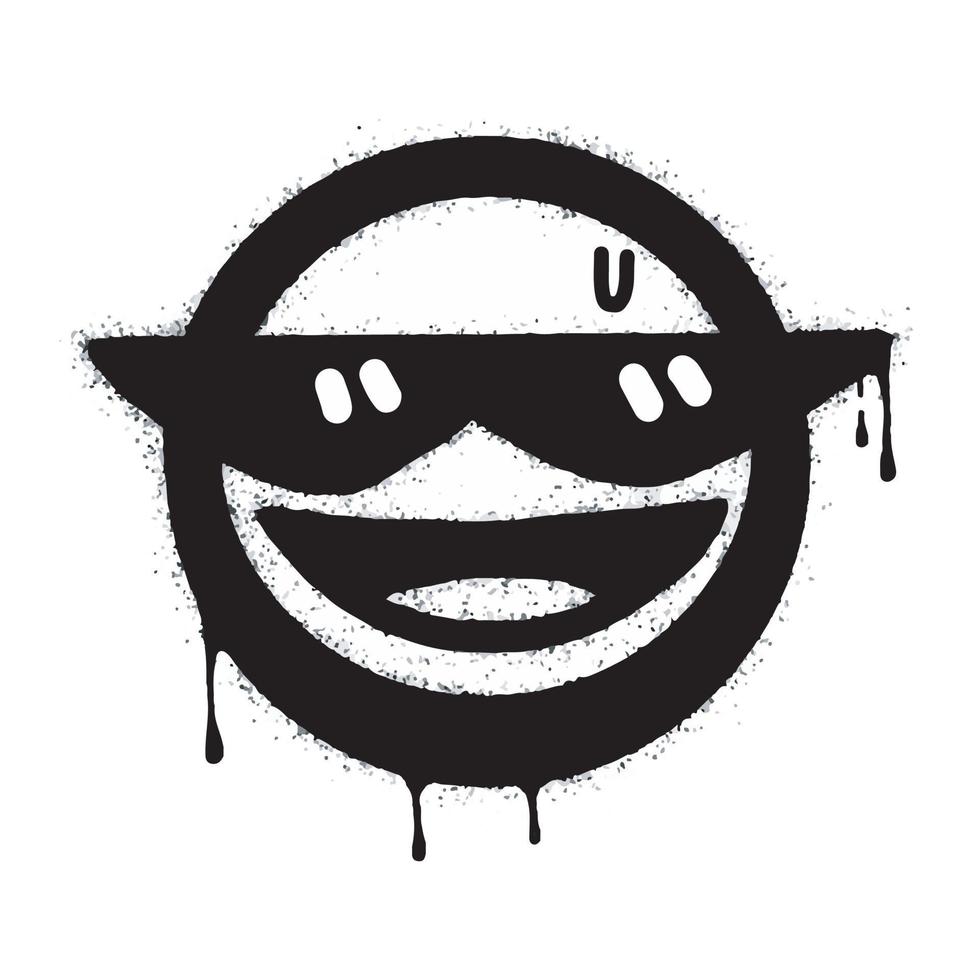 Spray Painted Graffiti smiley emoticon face in black glasses isolated on white background. vector illustration.