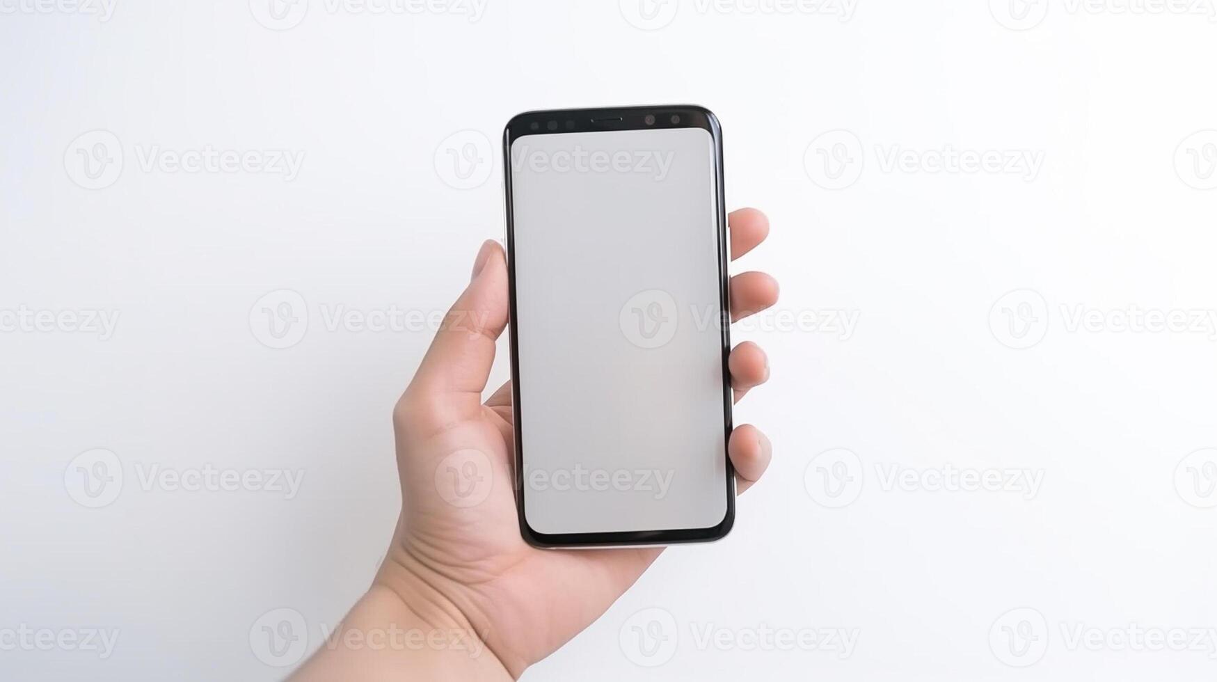 hand holding smartphone with blank screen on gray background. Mock up , photo