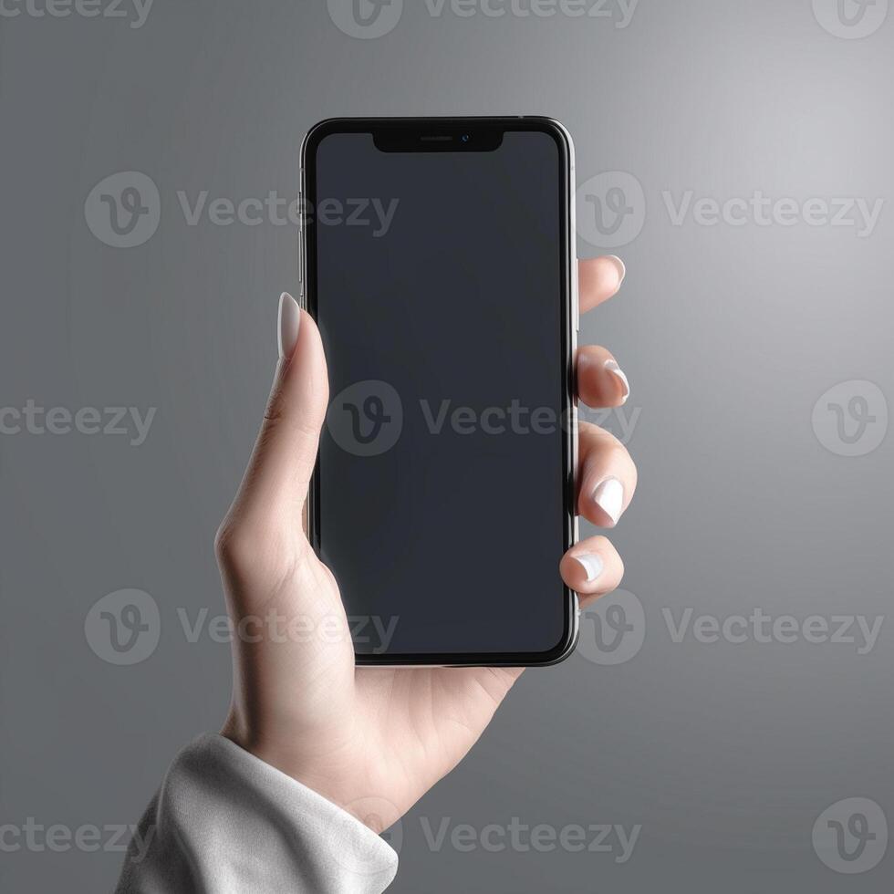 hand holding smartphone with blank screen on gray background. Mock up , photo