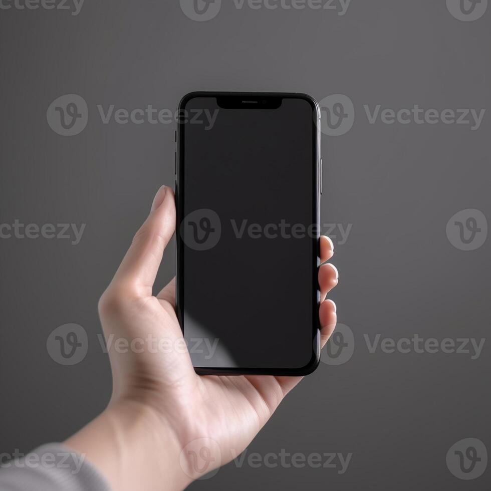 hand holding smartphone with blank screen on gray background. Mock up , photo